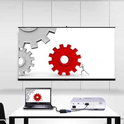 Compact 20cm HDMI Male to VGA Female Adapter for Displays connected between laptop and projector for presentation setup