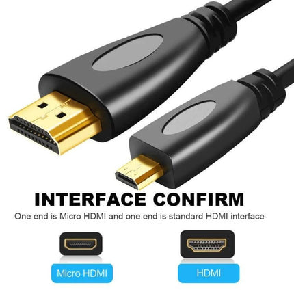 1.8m Gold-Plated Micro HDMI to HDMI Cable for Device Connections - gold-plated connectors linking camera or smartphone to TV or monitor