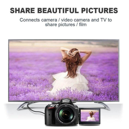 1.5m Micro HDMI to HDMI Cable for Connecting Devices to TVs - camera connected to TV showing large photo, ideal for sharing videos and photos
