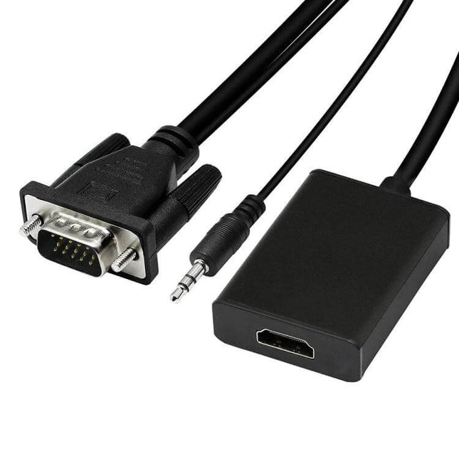 VGA to HDMI Video Converter for Connecting Computers to HD Displays - black cable adapter with VGA, 3.5mm audio and HDMI output