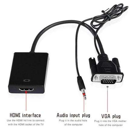 VGA to HDMI Video Converter for Connecting Computers to HD Displays – compact adapter with VGA plug, audio input and HDMI output for laptops and monitors
