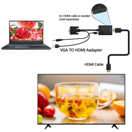 VGA to HDMI Video Converter for Connecting Computers to HD Displays showing laptop to TV hookup with adapter and HDMI cable