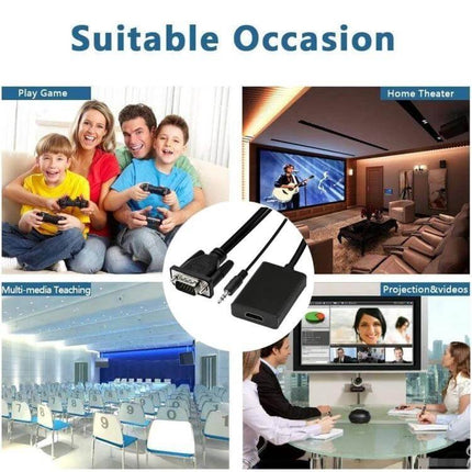 VGA to HDMI Video Converter for Connecting Computers to HD Displays - cable shown with family gaming, home theater, classroom, video conference use