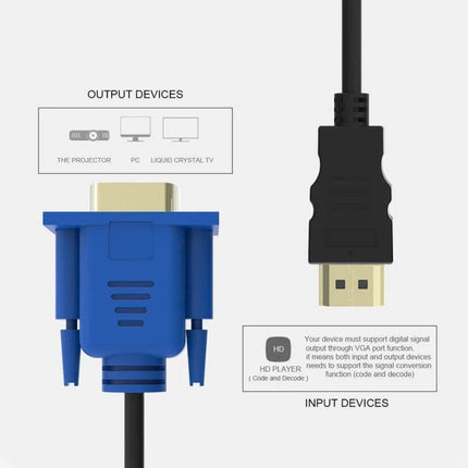 1.8 Meter HDMI to VGA Male Cable for Video Device Connections - HDMI to VGA adapter cable showing HDMI plug and VGA connector for monitors and projectors