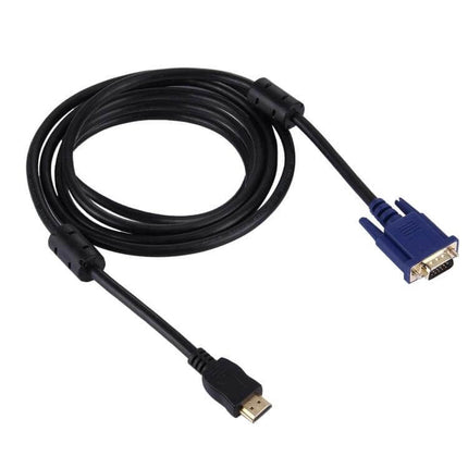 HDMI to VGA Male Adapter Cable for Video Display Connections showing HDMI plug and blue VGA connector coiled for laptop to monitor use
