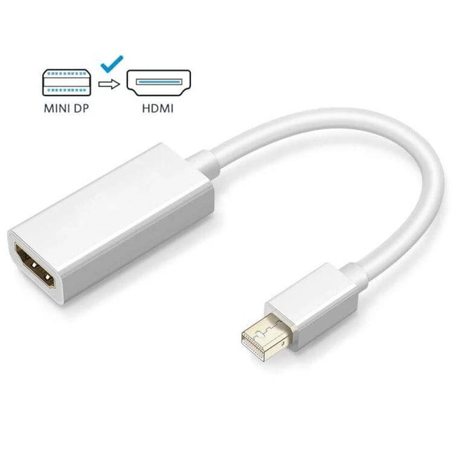 Short Mini DisplayPort to HDMI Adapter Cable for Device Connections - white short Mini DP to HDMI adapter for laptops to monitors, HDMI 1.4 support