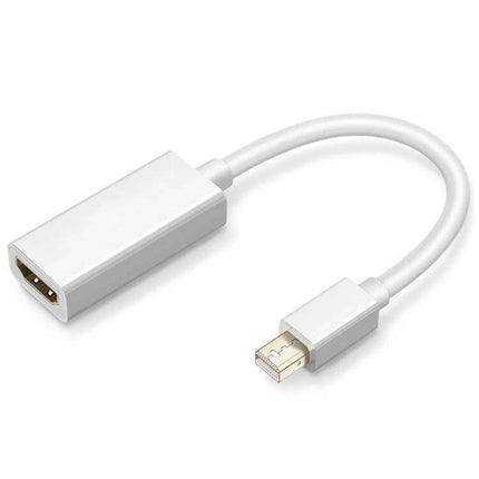 Short Mini DisplayPort to HDMI Adapter Cable for Device Connections, short white adapter cable linking Mini DisplayPort laptop to HDMI monitor