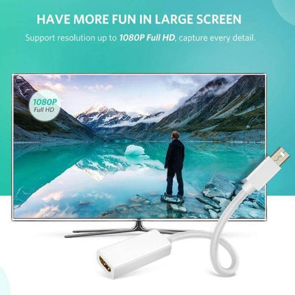 Short Mini DisplayPort to HDMI Adapter Cable for Device Connections shown connecting a laptop to a 1080P TV for presentations and video