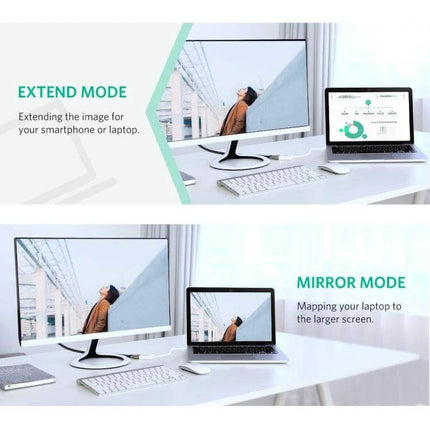 Short Mini DisplayPort to HDMI Adapter Cable for Device Connections showing laptop in extend and mirror mode to external monitor on a desk