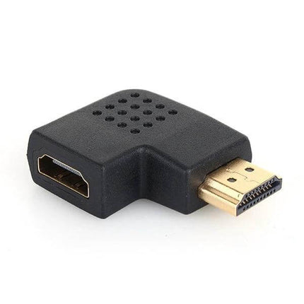Gold Plated HDMI Adapter with 90-Degree Angle Connection for tight spaces, gold-plated contacts, reduces cable strain between TV, projector, or console