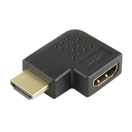 Gold Plated HDMI Adapter with 90-Degree Angle Connection, black L-shaped HDMI adapter with gold-plated contacts for tight spaces