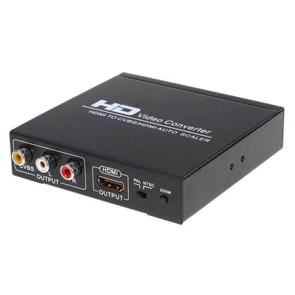Versatile HDMI to HDMI, CVBS, and AV Video Scaling Converter compact black scaler box with HDMI and CVBS RCA outputs for meetings and medical setups