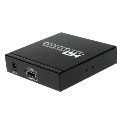 Versatile HDMI to HDMI, CVBS, and AV Video Scaling Converter compact black scaler box for HDMI input and analog AV output