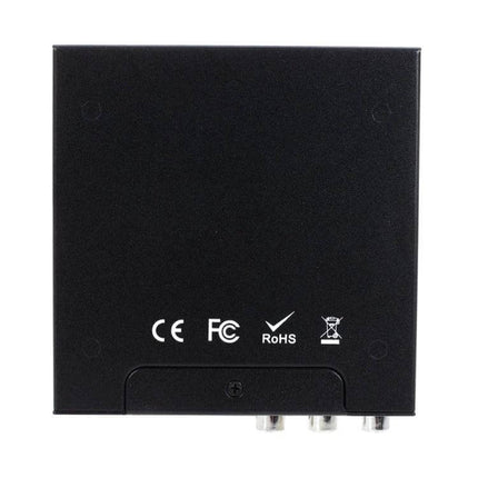 Versatile HDMI to HDMI, CVBS, and AV Video Scaling Converter compact black metal box with CE, FCC, RoHS logos and RCA output ports