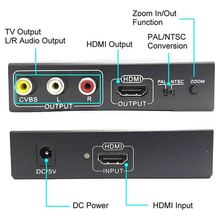 Versatile HDMI to HDMI, CVBS, and AV Video Scaling Converter showing HDMI input/output, CVBS L/R RCA outputs, DC power, PAL/NTSC switch, and zoom button