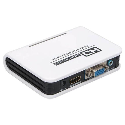 HDMI to VGA Video Adapter for Consoles and Computer Displays white converter box showing HDMI input VGA output and audio jack
