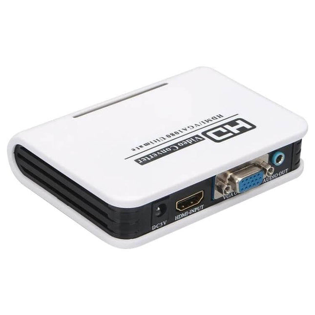 HDMI to VGA Video Adapter for Consoles and Computer Displays white converter box showing HDMI input VGA output and audio jack