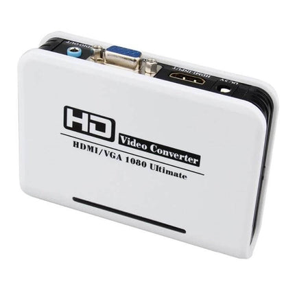 HDMI to VGA Video Adapter for Consoles and Computer Displays - white HDMI to VGA video converter box with VGA and audio ports