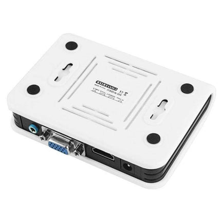 White HDMI to VGA Video Adapter for Consoles and Computer Displays showing HDMI input, VGA output and audio port