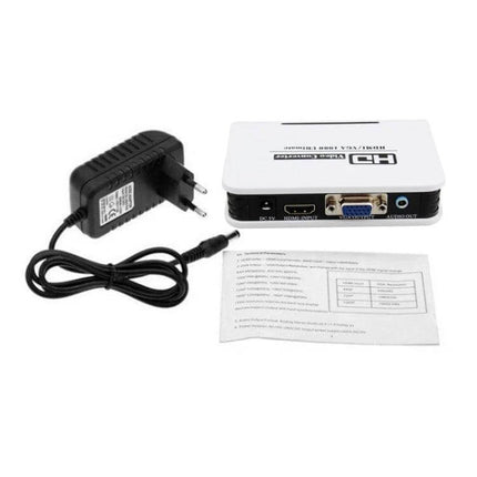 HDMI to VGA Video Adapter for Consoles and Computer Displays - white converter box with power adapter, HDMI input, VGA and audio outputs