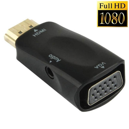 HDMI to VGA Adapter with Audio for Monitors and Projectors - black compact HDMI-to-VGA converter with 3.5mm audio jack, supports Full HD 1080p