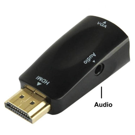 HDMI to VGA Adapter with Audio for Monitors and Projectors compact black adapter with gold HDMI plug and 3.5mm audio output