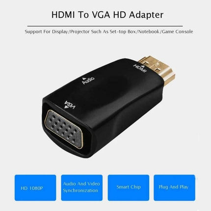 HDMI to VGA Adapter with Audio for Monitors and Projectors - black compact HDMI-to-VGA converter with audio port, plug-and-play for laptop to projector connections