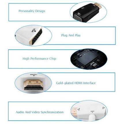 HDMI to VGA Adapter with Audio for Monitors and Projectors - compact plug-and-play adapter with gold-plated HDMI, VGA port and audio sync for presentations