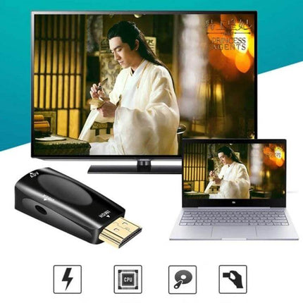 HDMI to VGA Adapter with Audio for Monitors and Projectors shown connecting a laptop to a TV for presentations and video playback
