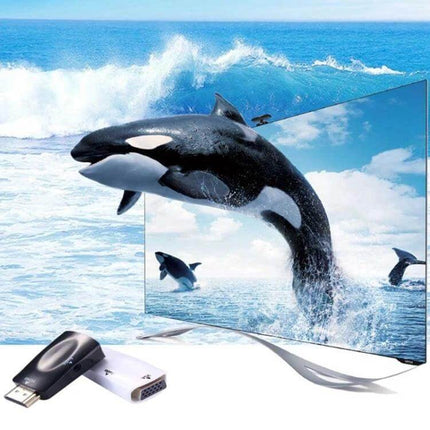 HDMI to VGA Adapter with Audio for Monitors and Projectors showing adapter connected to TV displaying jumping orca