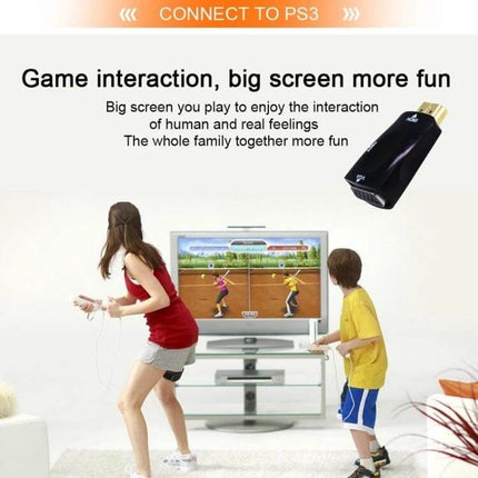 HDMI to VGA Adapter with Audio for Monitors and Projectors showing family playing games on TV via adapter