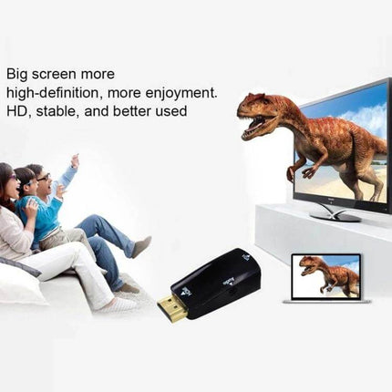 HDMI to VGA Adapter with Audio for Monitors and Projectors showing adapter, laptop and TV with 3D dinosaur display