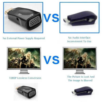 HDMI to VGA Adapter with Audio for Monitors and Projectors showing comparison vs generic adapter, 1080P lossless conversion, audio interface and no power needed