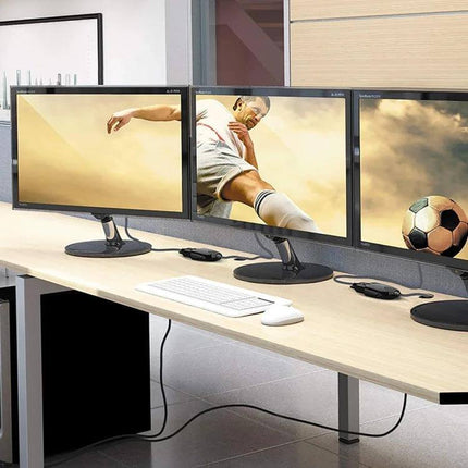 Adapter for Connecting HDMI Devices to VGA Displays with Audio, 50cm - HDMI to VGA converter showing triple monitors with audio support