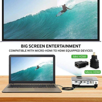 HDMI Cable Kit with Adaptors for TV Media Connections - 1.5m HDMI cable with mini and micro HDMI adaptors showing laptop to projector big screen