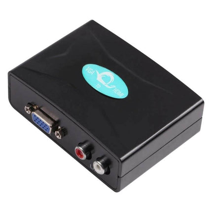 VGA to HDMI Video Converter with Audio for Device Connections - compact black box showing VGA and audio RCA inputs for connecting older PCs to HDMI displays