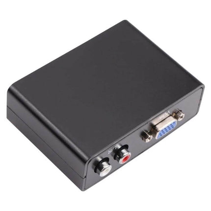 VGA to HDMI Video Converter with Audio for Device Connections - black compact converter box showing VGA and audio RCA inputs