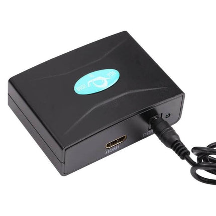 VGA to HDMI Video Converter with Audio for Device Connections - black compact converter box showing HDMI port and power cable