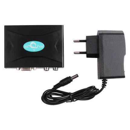 VGA to HDMI Video Converter with Audio for Device Connections — black converter box with VGA input, audio ports and power adapter
