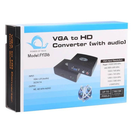VGA to HDMI Video Converter with Audio for Device Connections - black converter box packaging showing VGA and HDMI ports for connecting older PCs to modern displays