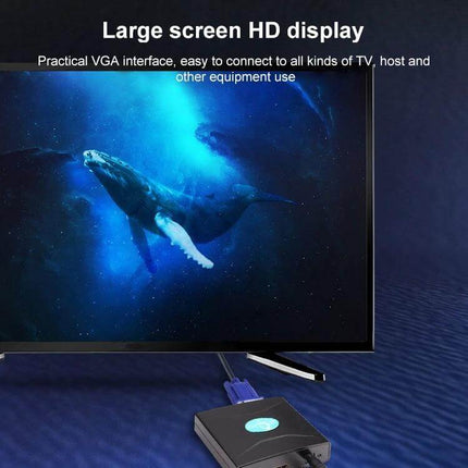 VGA to HDMI Video Converter with Audio for Device Connections showing converter box connected to TV displaying HD whale image