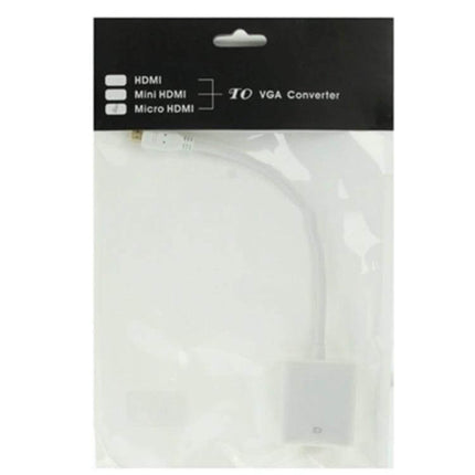 Micro HDMI to VGA Adapter Cable for Device Connections — white adapter cable in retail packaging, Micro HDMI plug to VGA converter supporting 1080P