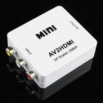 Compact Mini Adapter for Analog Video and Audio to HDMI Conversion white AV2HDMI box showing RCA inputs, plug-and-play converter for digitizing VHS and camcorder