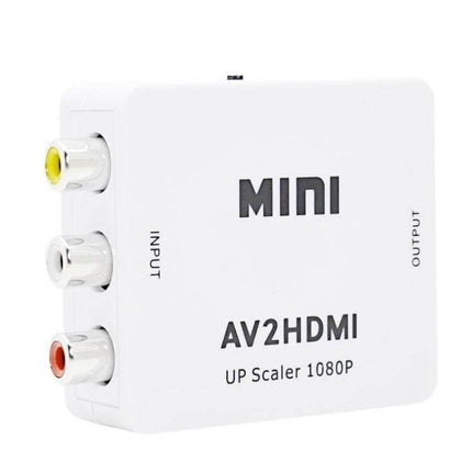 Compact Mini Adapter for Analog Video and Audio to HDMI Conversion - white AV2HDMI converter box showing RCA inputs and HDMI output, upscales to 1080p