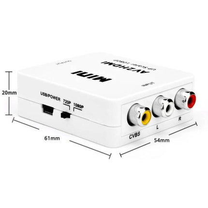Compact Mini Adapter for Analog Video and Audio to HDMI Conversion - white compact unit with RCA inputs and USB power, plug-and-play VHS to HDMI