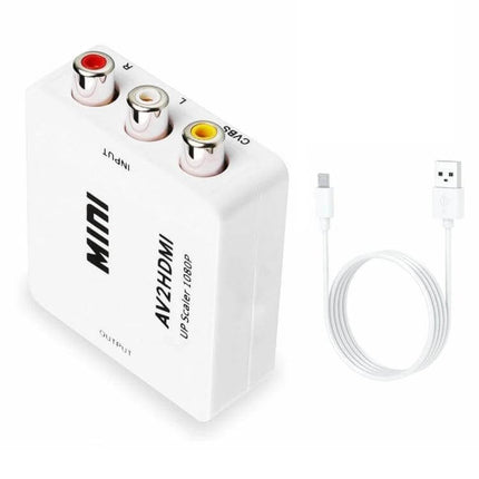 Compact Mini Adapter for Analog Video and Audio to HDMI Conversion white AV2HDMI converter with RCA inputs and USB cable