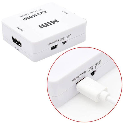 Compact Mini Adapter for Analog Video and Audio to HDMI Conversion white unit with HDMI output and USB power plugged in