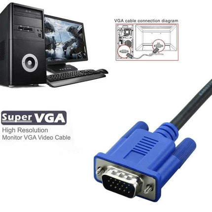 VGA Cable for Connecting Computers to Monitors, 1.8 Meters - blue male VGA connector with desktop and monitor setup
