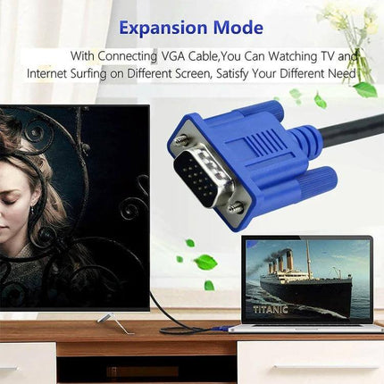 VGA Cable for Connecting Computers to Monitors, 1.8 Meters - blue high-density male-to-male VGA connector shown linking laptop to TV for dual-screen
