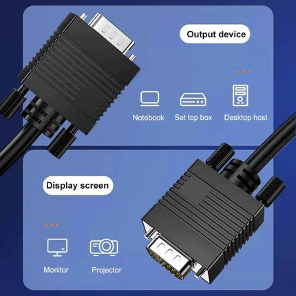 Standard Length 1.5 Meter VGA Cable for Monitors and PCs showing two male HD15 connectors linking notebook/desktop to monitor and projector
